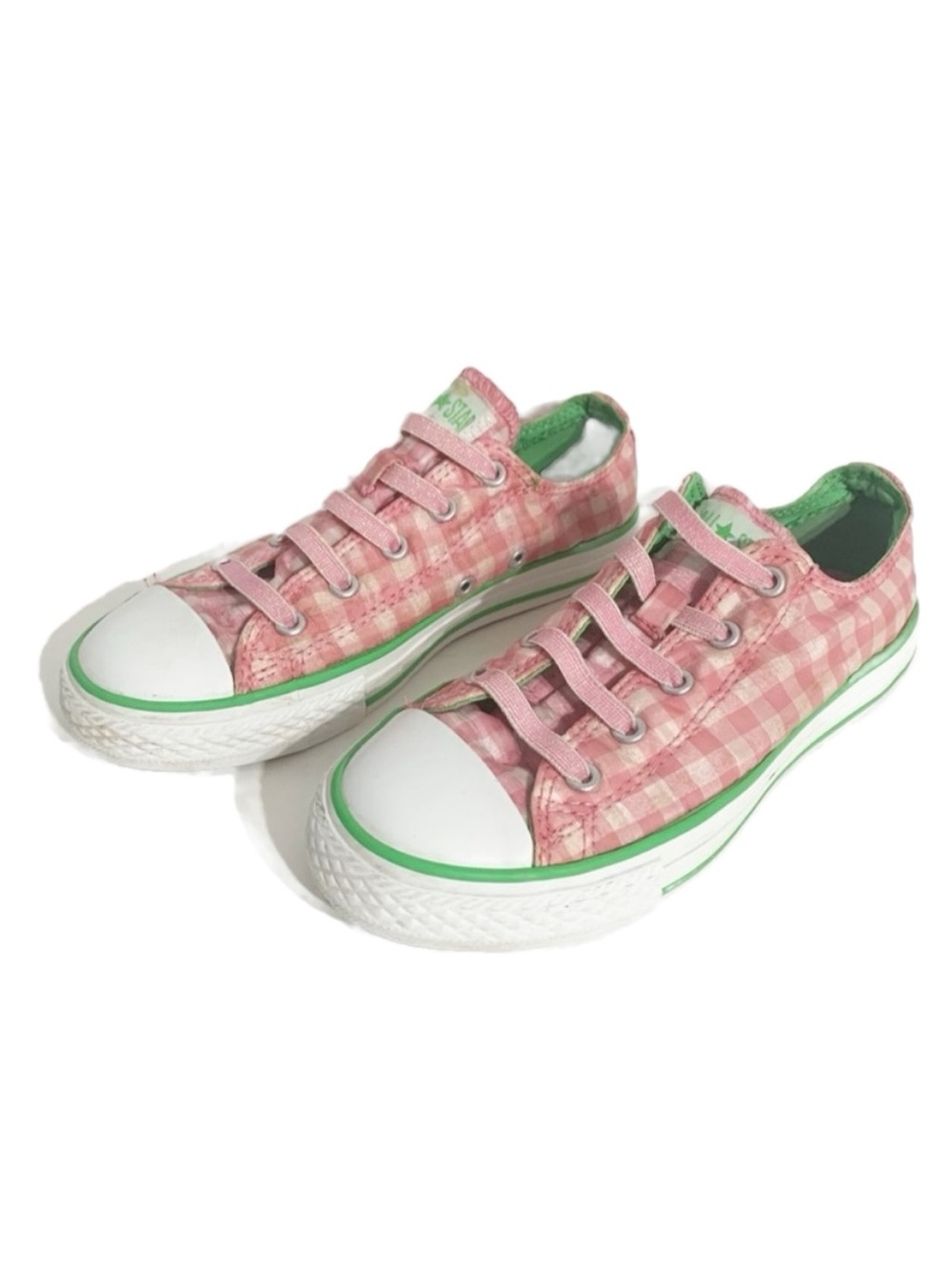 Converse All Star Low Profile Pink & Green Plaid Lace Up Textile Sneakers 🩷💚
